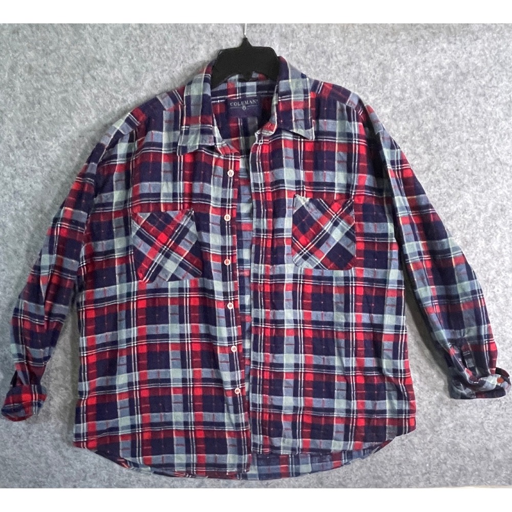 Coleman Outdoors Mens XL Flannel Shirt Red Navy Blue Plaid Long Sleeve Button Up